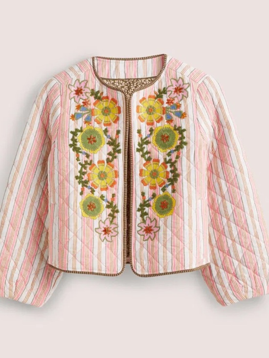 Boden Jackets & Blazers - Boden Woman’s  Pink Striped Floral beaded and Embroidered Quilted Jacket US 8